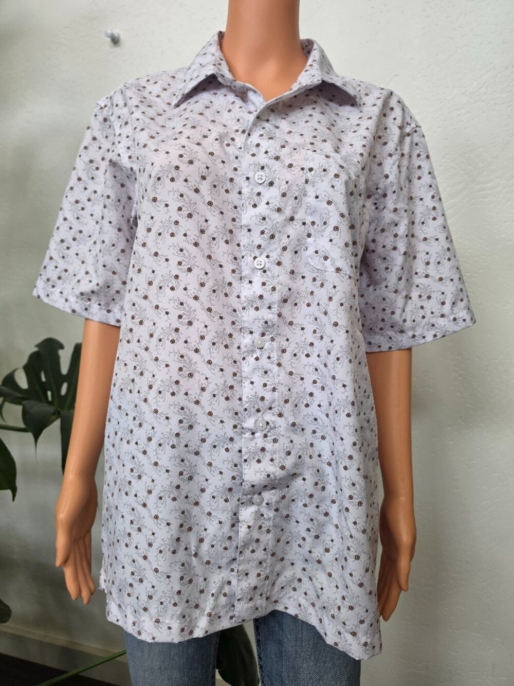George Mens Medium Short Sleeve Button Down Shirt White Floral Ditsy Print M